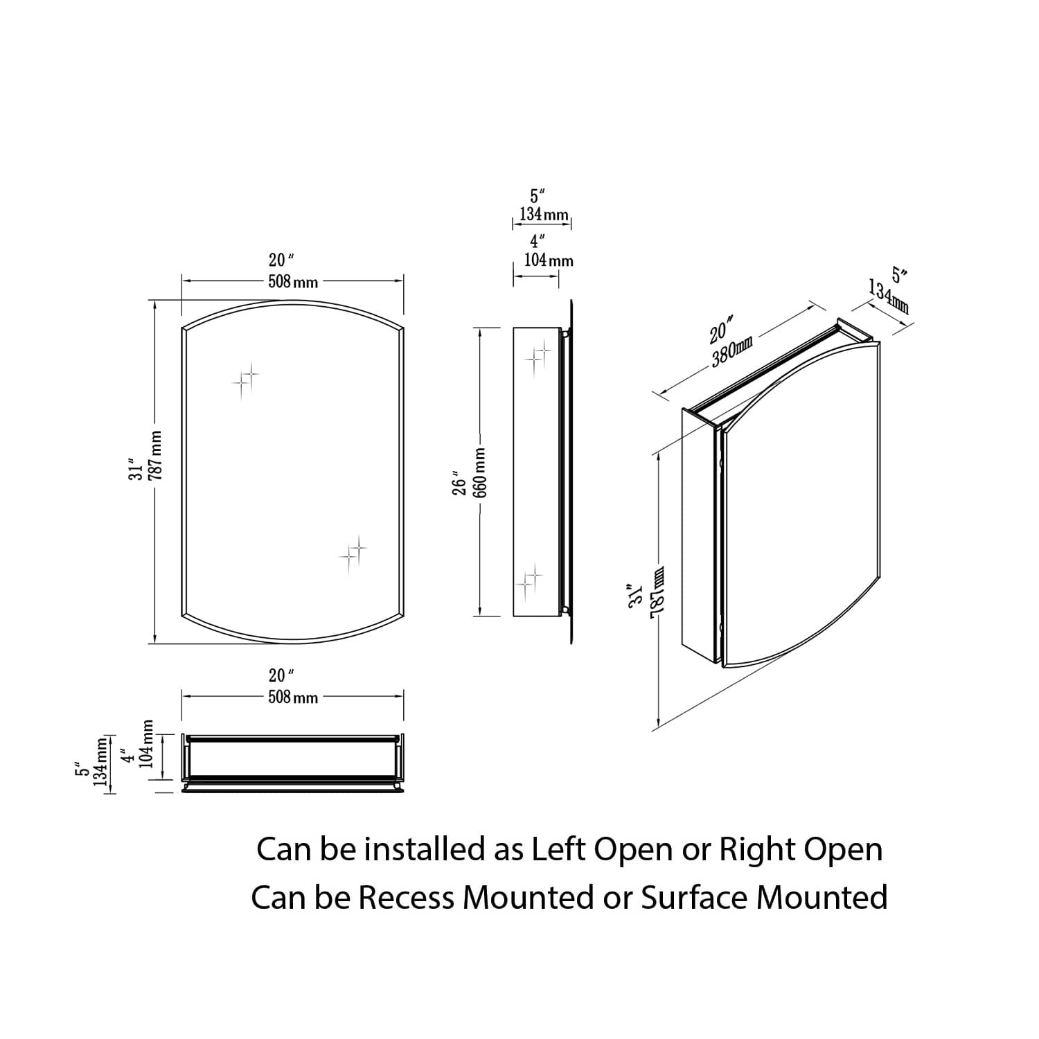 20" x 31" Single Door Reversible Hinge Frameless Mirrored Medicine Cabinet