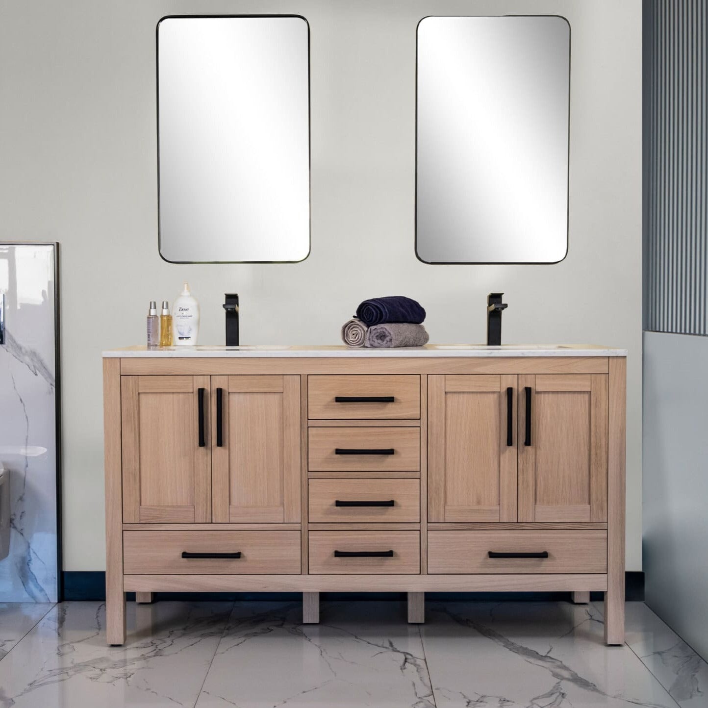 Ahley Bathroom Vanity Homelero 60"  #size_60" Double   #color_natural oak #hardware_brass